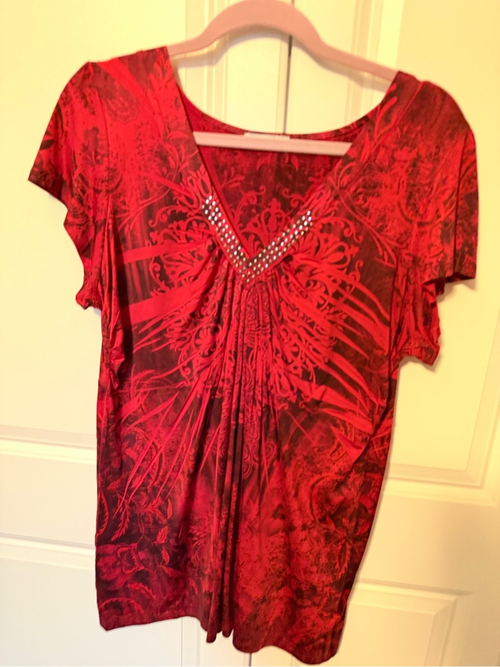 Unity World Wear Red Embellished V-Neck Short Sleeve Blouse